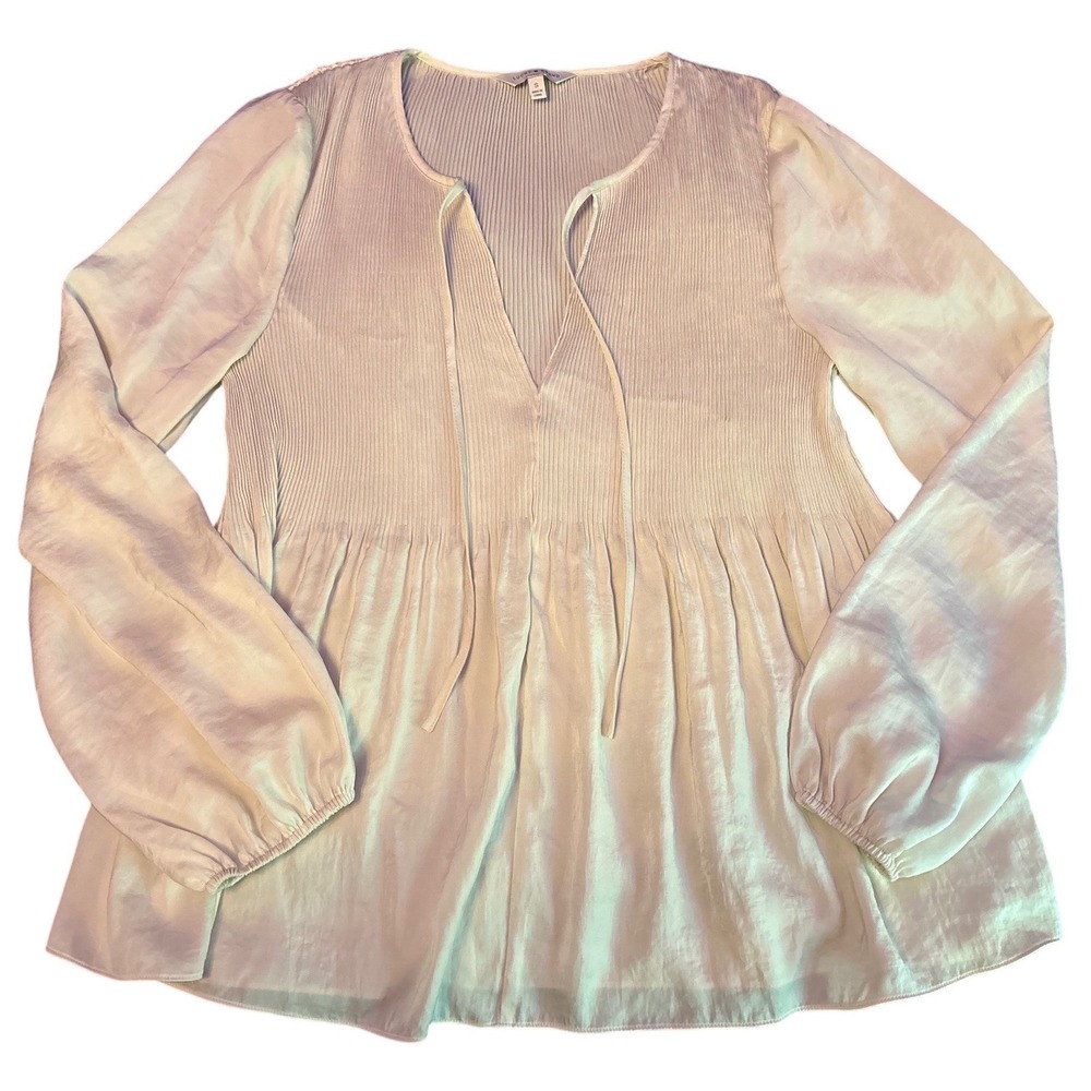 Lucky Brand Womens Ivory Satin Peasant Blouse Long Sleeve Tie Neck Top,‎ Size S
